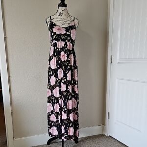 Navy Maxi Sundress, Floral Design, Open Tie Back w- Spaghetti Straps